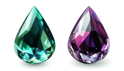 Fototapeta premium Two Teardrop Gemstones Green And Purple Precious Stones On White Background