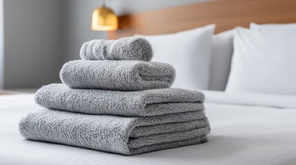 A stack of fresh, folded hand and bath towels on a neatly made hotel bed - lifestyle comfort travel