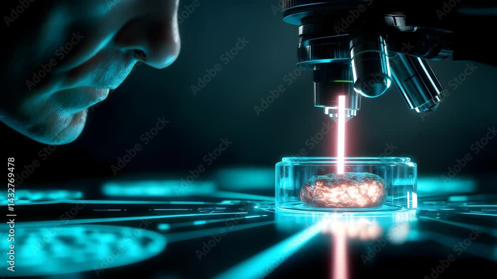 Poster man examining human brain cells through microscope in a laboratory setting with focused attention