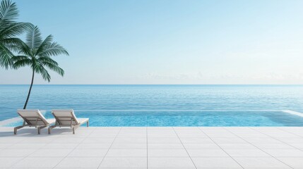 Tranquil Ocean View with Lounge Chairs and Palm Tree by Poolside
