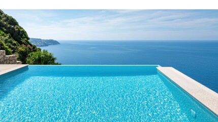 Fototapeta premium Stunning Infinity Pool Overlooking Tranquil Ocean and Scenic Landscape