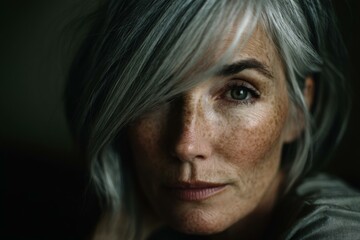 Fototapeta premium Mature woman with silver hair and striking freckles poses for a close-up portrait, looking directly at the camera with one green eye visible.