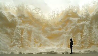 Man Contemplating 3D Forest Sculpture