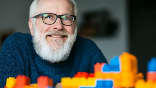 An elderly man smiles as he concentrates on creating structures with vibrant interlocking blocks in a cozy indoor setting. The relaxed atmosphere highlights his creativity and joy in the activity