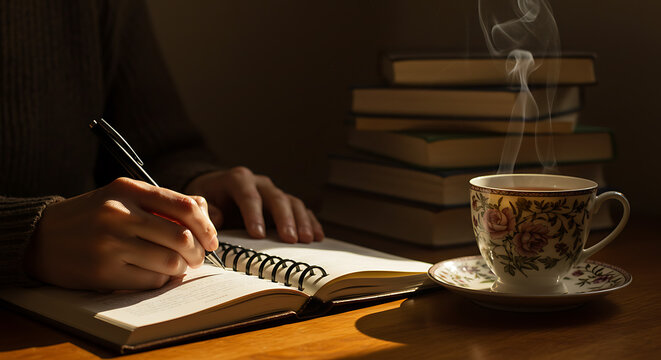 Person writing in notebook with coffee and books in cozy setting  