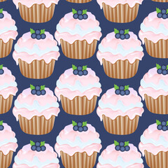 Seamless pattern for kitchen decor and more. Delicious cupcake with whipped cream and blueberry. Vector cartoon illustration of sweet food.