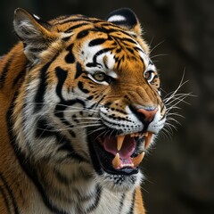Fototapeta premium Tiger Growling Close Up with Mouth Open Showing Teeth and Fur