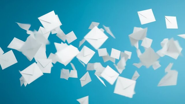 Creative concept of flying white envelopes against blue background representing communication and correspondence