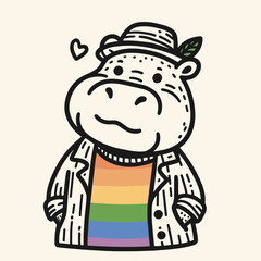 Pygmy hippo wear pride lgbtq costume. Funny Animal Vector Clip art. Miniature hippopotamus rainbow parade attire community support.