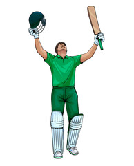 Vector illustration of batsman in winning pose. Batsman celebrates after hitting a winning shot. Cricket player celebrate century in white background