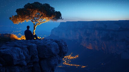 Night Serenity: A Solitary Figure Contemplates a Breathtaking Nighttime Vista from a Clifftop