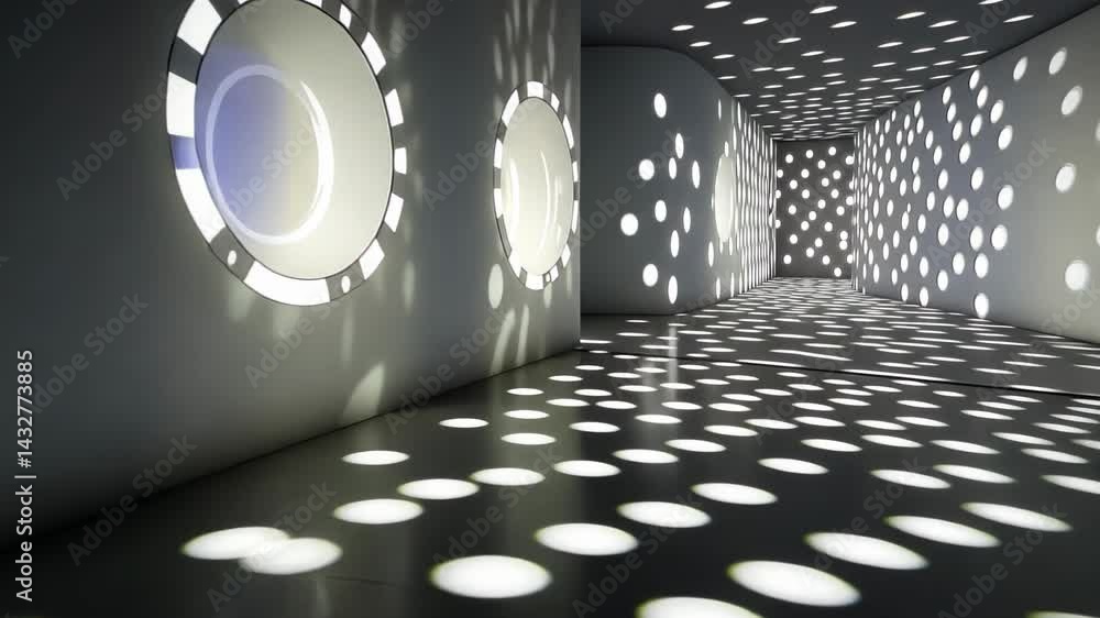 Poster exploring a stunning light installation in a modern architectural space filled with mesmerizing patt