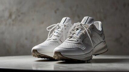 White Running Sneakers on Grey Background