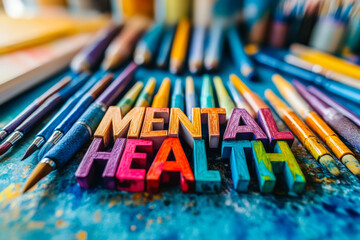 Obraz premium Colorful letters forming the words mental health are surrounded by vibrant art supplies such as watercolors and brushes on a sunny, clutter-free desk encouraging creativity and wellness
