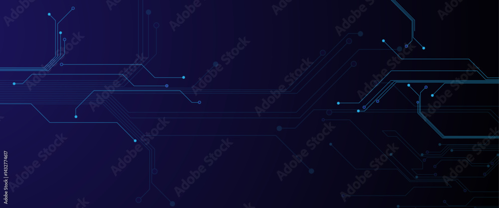 Poster Glowing light blue neon AI chip with thin circuit contact lines. Technology lines circuit and dots on blue background, circuit board network connection.