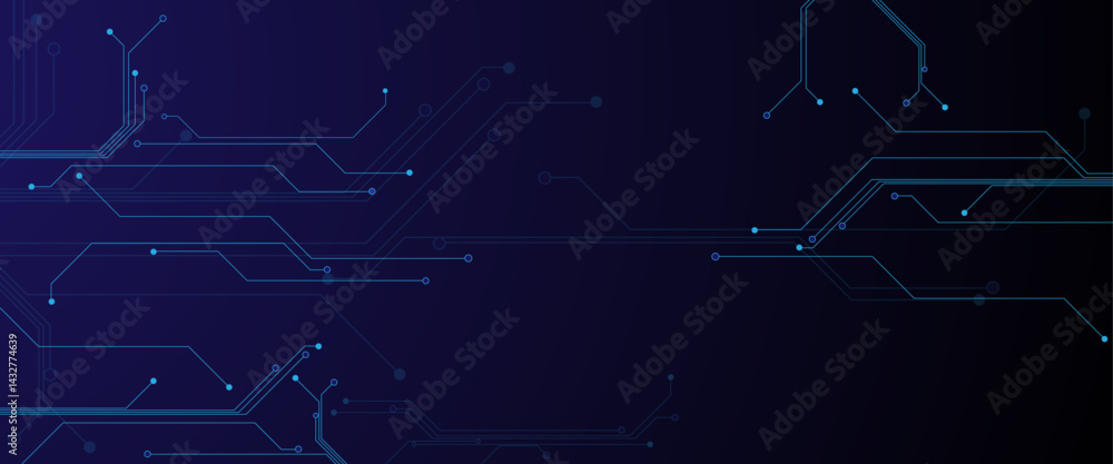 Poster Glowing light blue neon AI chip with thin circuit contact lines. Technology lines circuit and dots on blue background, circuit board network connection.