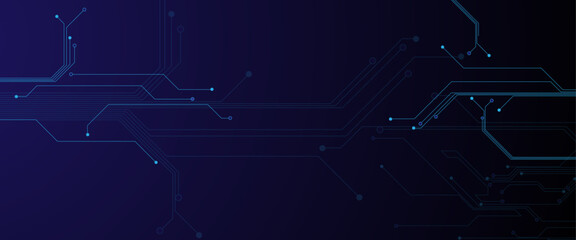 Glowing light blue neon AI chip with thin circuit contact lines. Technology lines circuit and dots on blue background, circuit board network connection.