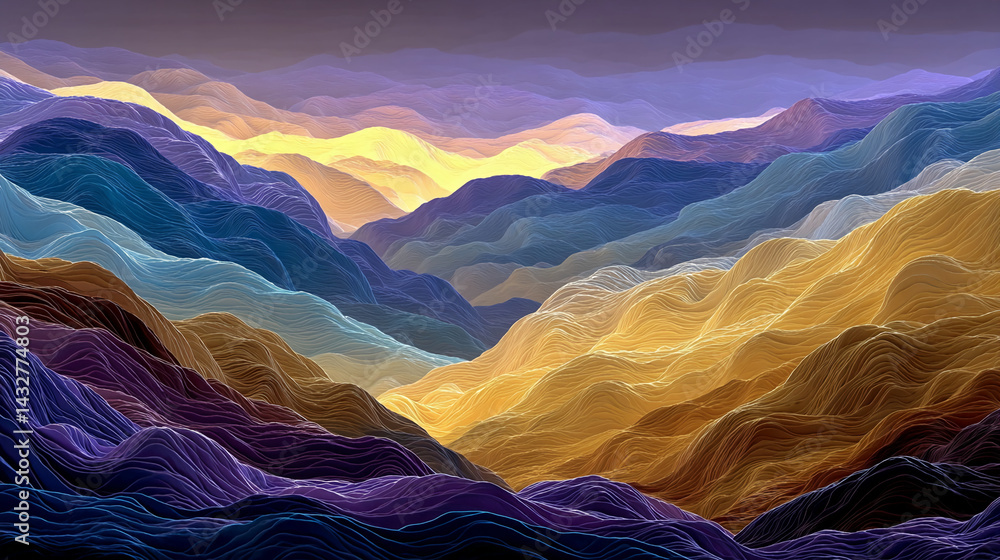 Poster abstract image of layered, textured mountains in shades of purple, blue, and gold, creating a calmin
