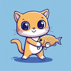 Obraz premium A cute orange cartoon cat holding a fish.