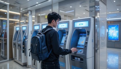 Young Man Using ATM in Modern Bank Interior with Glass Walls and Bright Lighting