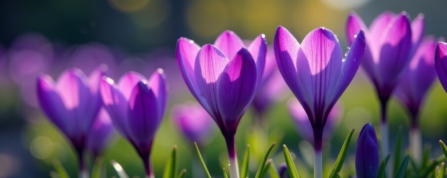 Close-up of raindrops on closed purple crocus flowers in a garden, delicate, floral