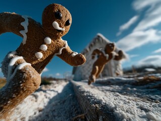 Festive gingerbread men race across snowy landscape
