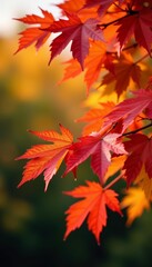 Fototapeta premium Close-up of red, orange, and yellow leaves on tree branches, colorful, nature