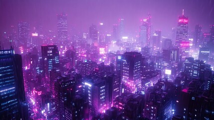 Fototapeta premium Futuristic cityscape glowing pink and blue lights, aerial view, misty background