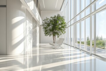Obraz premium Bright interior with floor-to-ceiling windows, a tree, and a white lounge chair. Use this image to illustrate wellness, modern architecture, or office design.