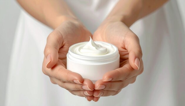 Primer plano de un par de manos jovenes sosteniendo un tarro de crema corporal para conceptos de cudado de la piel y cosmetolog&iacute;a
