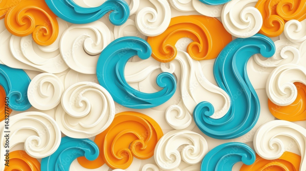 Poster a 3d rendering of a repeating pattern of swirls and curves in blue, orange, and white.