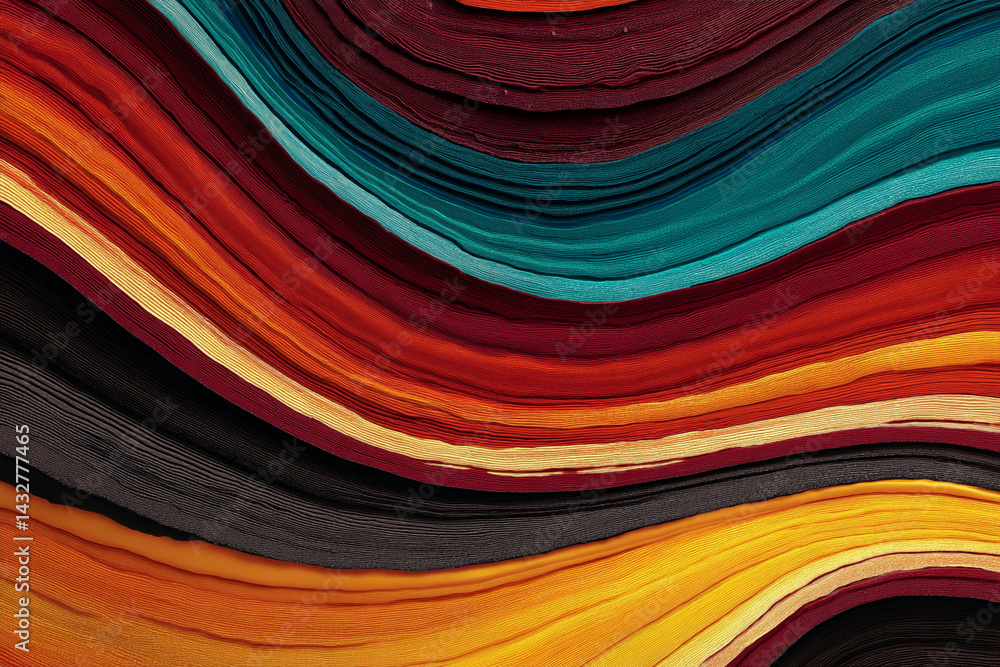 Poster abstract image of wavy, textured stripes in warm colors like red, orange, and teal, creating a layer