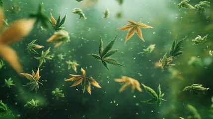 Green marijuana leaves floating on a blurred, atmospheric background. Great for designs on cannabis, CBD, and medical marijuana use.