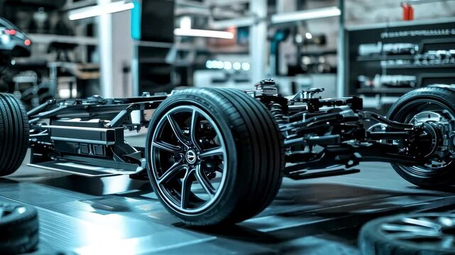 Car chassis and wheels showcased in a factory workshop