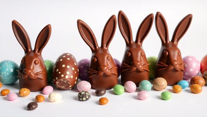 The image features four brown chocolate bunnies with distinctive pink ears surrounded by a variety of pastel and speckled Easter eggs on a plain white background