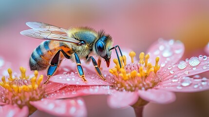 Vibrant Bee on Dew-Kissed Blossom
