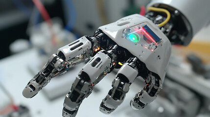 A robotic hand with advanced tactile sensors, adjusting a tiny, fragile part under bright lighting in a lab