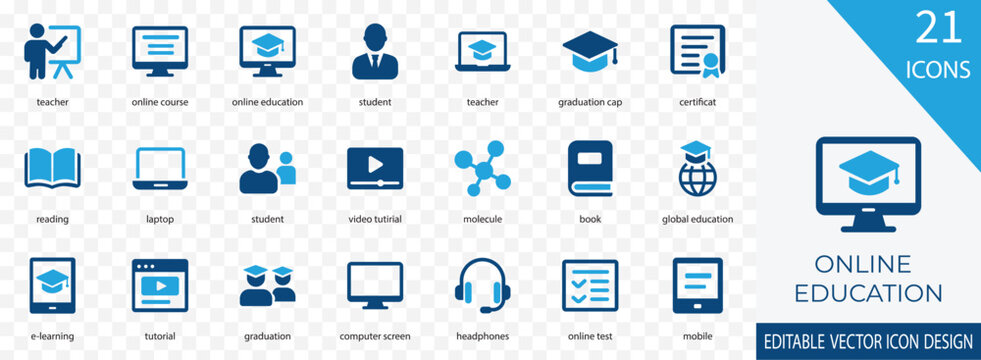 A clean and modern vector icon set representing online education and virtual learning. Includes icons of students, teachers, laptops, graduation caps, certificates, video tutorials, and e-learning too