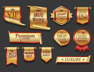 VIP and premium emblem and badges red and gold color isolated on black background vector stock illustration 