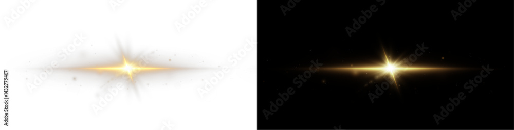Aufkleber Light rays of light horizontal golden color with glare and flashes isolated on a transparent background. Light star gold png. Light sun gold png. Light flash gold png. Powder png.	