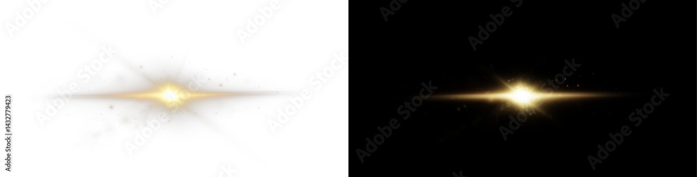 Aufkleber Light rays of light horizontal golden color with glare and flashes isolated on a transparent background. Light star gold png. Light sun gold png. Light flash gold png. Powder png.	
