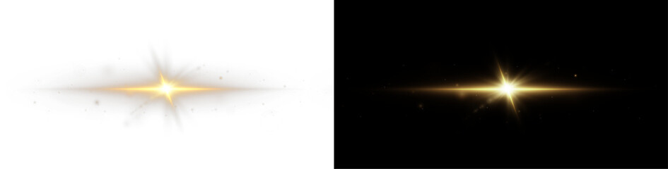 Light rays of light horizontal golden color with glare and flashes isolated on a transparent background. Light star gold png. Light sun gold png. Light flash gold png. Powder png.	