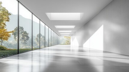 Fototapeta premium Minimalist interior with panoramic windows overlooking tranquil natural landscapes