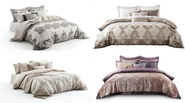 Four luxurious bedding sets in various colors and patterns.