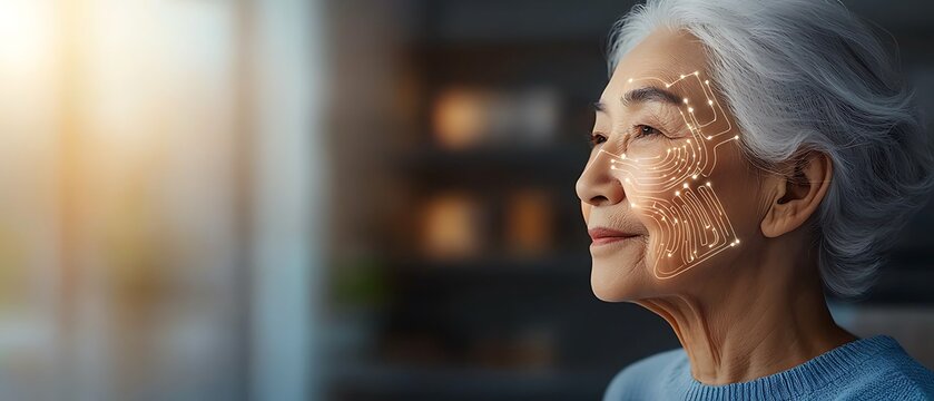 Older woman's face shows future technology and digital enhancements of aging process