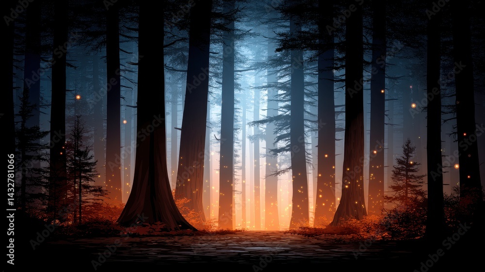 Wall mural a mystical forest scene illuminated by a soft glow, featuring tall trees and a serene atmosphere, in