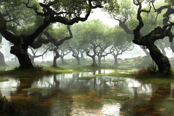 A serene forest scene featuring lush trees reflected in tranquil waters, enveloped in mist, creating a peaceful atmosphere.