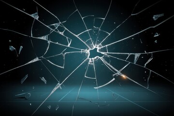Fototapeta premium A shattered glass effect with intricate cracks radiating from a central point, set against a dark, softly lit background.