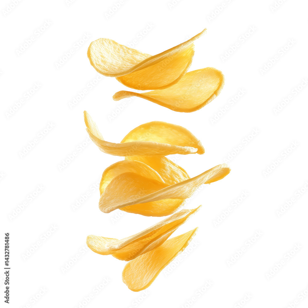 Poster potato slices transforming into crispy chips isolated on a clean transparent background, highlightin