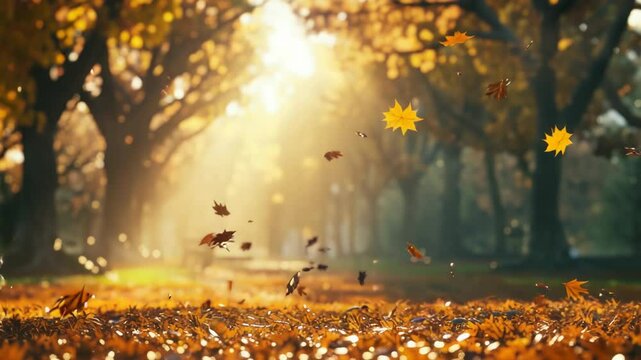 Autumn leaves falling in park golden sunlight
